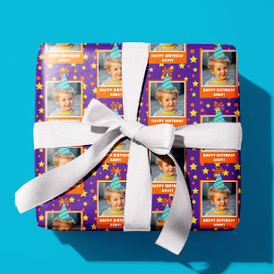 Personalised Kid Photo Happy Birthday w/ Blue Hat Wrapping Paper