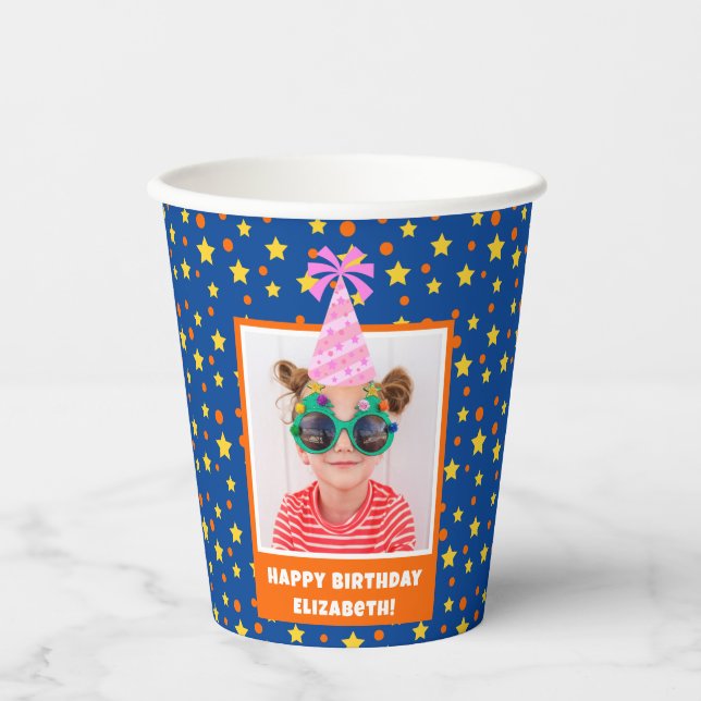 Personalised Kid Photo Happy Birthday w/ Pink Hat Paper Cups (Front)