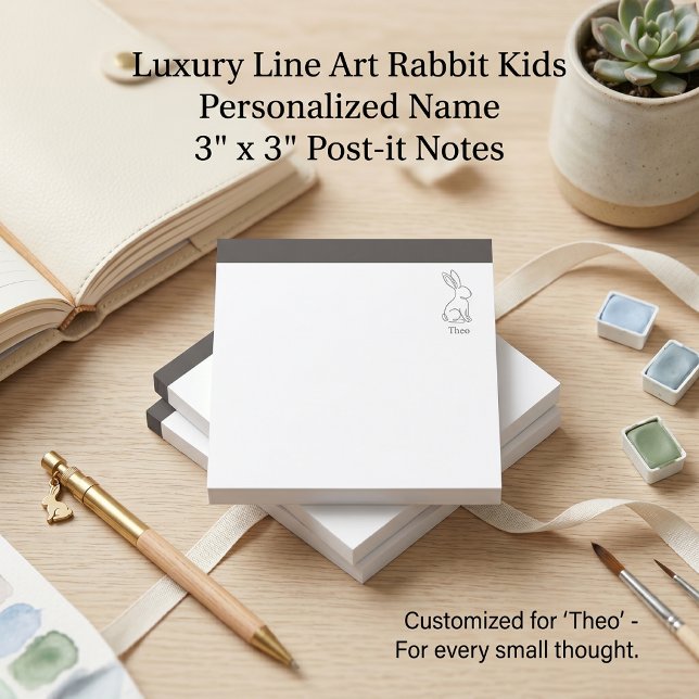 Personalised kids 3x3 | Minimalist line art Rebbit Post-it Notes (Quiet Luxury Rabbit Line Art Kids Personalized Post-it Notes 3x3 | Custom Name Back to School  )