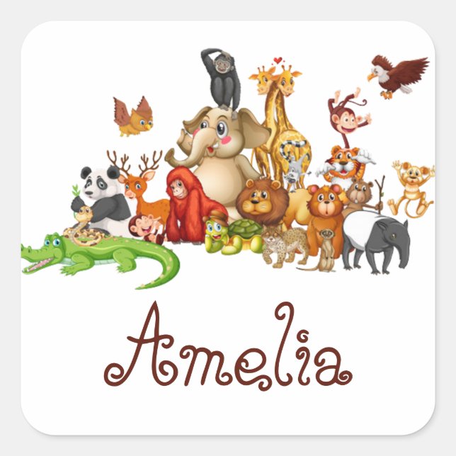 Personalised Kid's animals Square Sticker (Front)