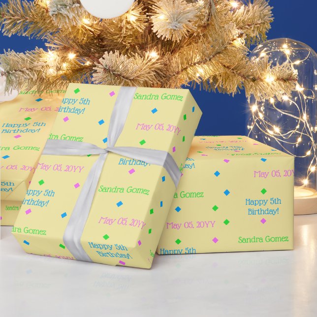 Personalised Kids Birthday Pink Blue Green Yellow Wrapping Paper (Holidays)