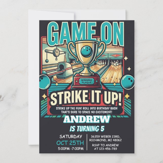 Personalised Kids Bowling Birthday Invitations (Front)