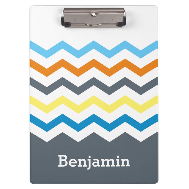 Personalised Kids Chevron Grey Blue Orange Yellow Clipboard (Front)