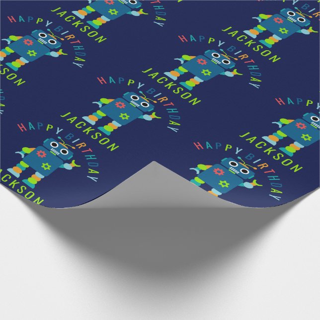 Personalised Kids Colourful Robot Birthday Party Wrapping Paper (Corner)