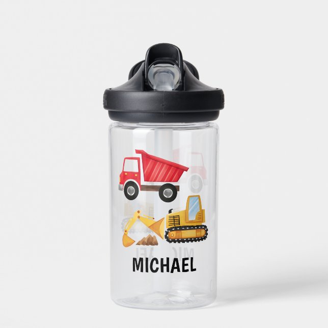 Personalised Kids Construction Digger  Water Bottle (Front)