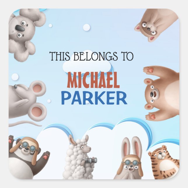  Personalised Kids Cute Animal Cartoon Square Sticker (Front)