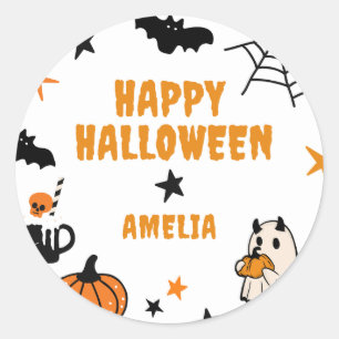 Personalised Kids Cute Happy Halloween Party Favou Classic Round Sticker