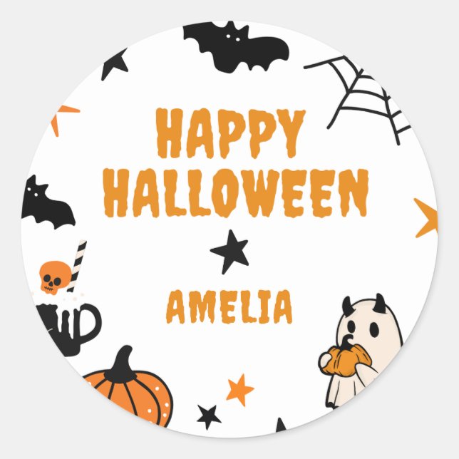 Personalised Kids Cute Happy Halloween Party Favou Classic Round Sticker (Front)