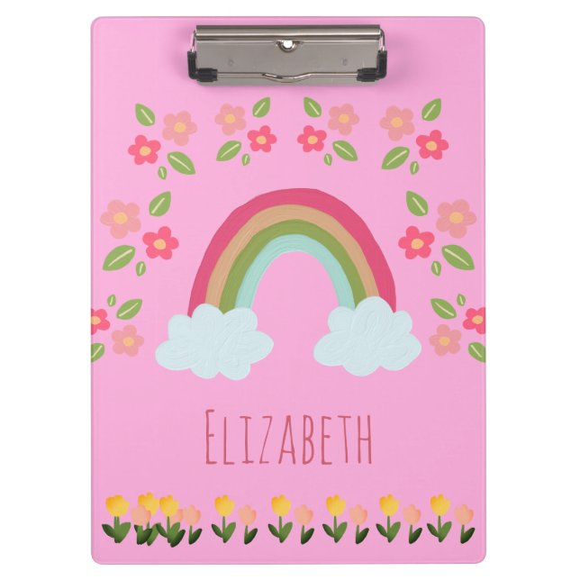Personalised Kids Cute rainbow girl pink school Clipboard (Front)