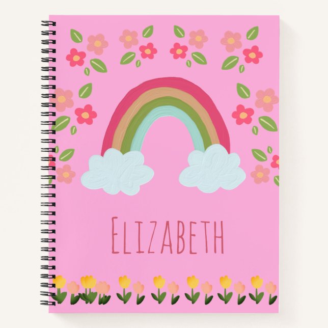Personalised Kids Cute rainbow girl pink school Notebook (Front)