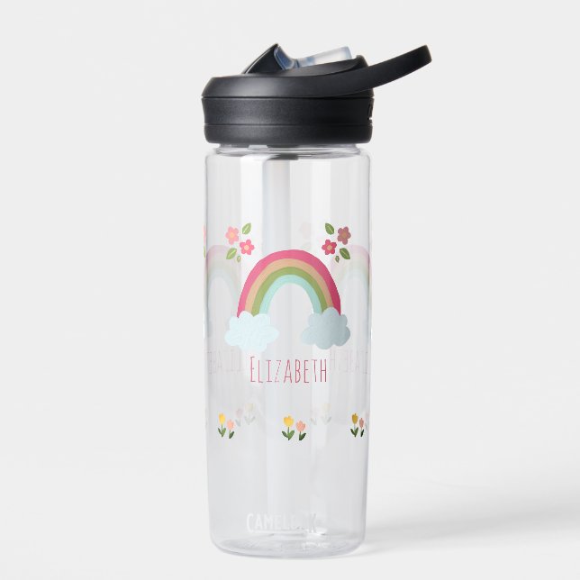 Personalised Kids Cute rainbow girl pink school Water Bottle (Left)