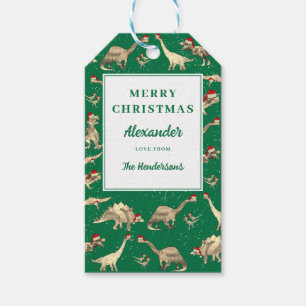 Personalised Kids Dinosaur Santa Green Christmas Gift Tags