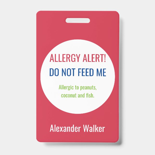 Personalised Kids Food Allergy Alert Customised ID Badge (Front)