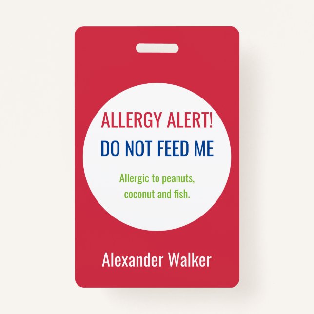 Personalised Kids Food Allergy Alert Customised ID Badge (Front)