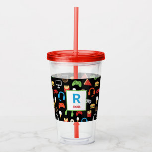 Personalised Kids Gamer Pattern Video Game Food Acrylic Tumbler
