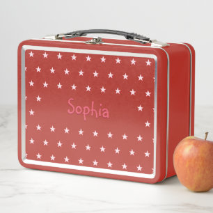 Personalised Kids Girls Name Pink Stars Red School Metal Lunch Box