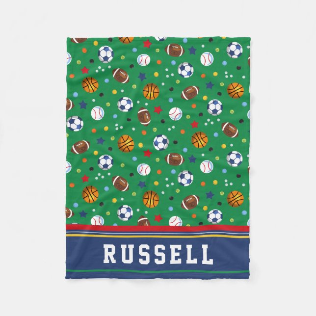 Personalised Kids Green Multi Sports Fleece Throw Blanket (Front)