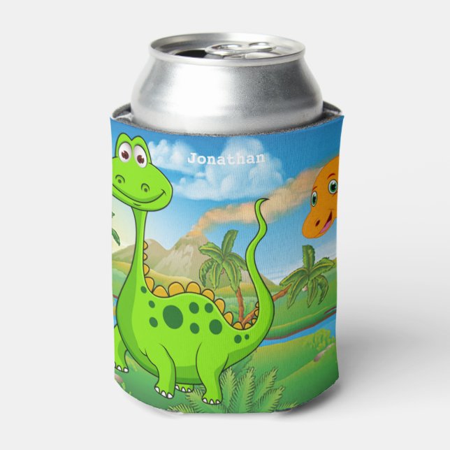 Personalised Kids Green Orange Dinosaur Can Cooler (Can Front)