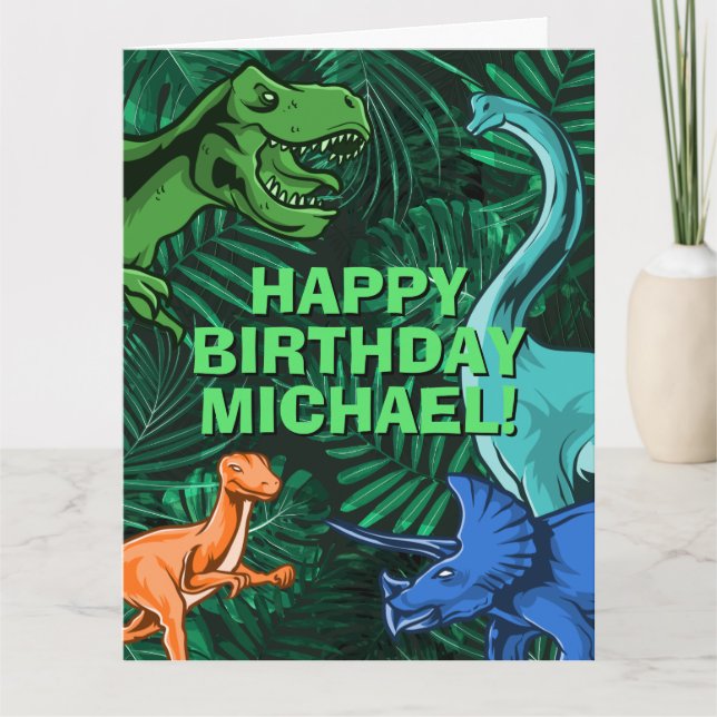 Personalised Kids Jurassic Dino Dinosaur Birthday Card (Front)