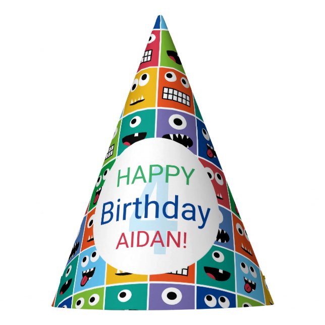 Personalised Kids Monster Birthday Party Add Age Party Hat (Front)