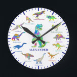 Personalised Kids Name Colourful Cute Dinosaurs Round Clock<br><div class="desc">Add your child’s name to this fun 12 Dinosaurs in colourful psychedelic bright colours with their dino names with blue colour theme. The perfect educational design for the child who loves dinosaurs. This fun palaeontology pattern includes all the prehistoric jurassic era favourites including T. rex or tyrannosaurus, velociraptors, brachiosaurus, brontosaurus,...</div>