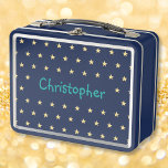 Personalised Kids Name Gold Stars Boys Blue School Metal Lunch Box<br><div class="desc">Create your own custom, personalised, fun teal typography / script / font monogram monogrammed, modern cool chic stylish, faux gold golden stars pattern design background, adorable, durable food safe tin plate, food contact safe interior material, classic style kids girls boys metal school lunch box with collapsible black plastic handles. Simply...</div>
