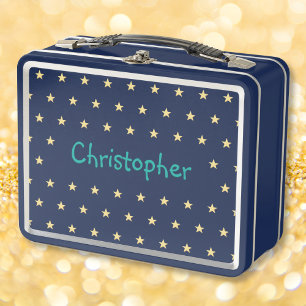 Personalised Kids Name Gold Stars Boys Blue School Metal Lunch Box