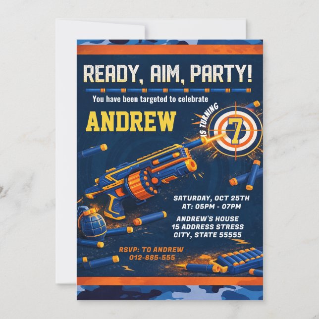 Personalised Kids Nerf Dart War Birthday  Invitation (Front)