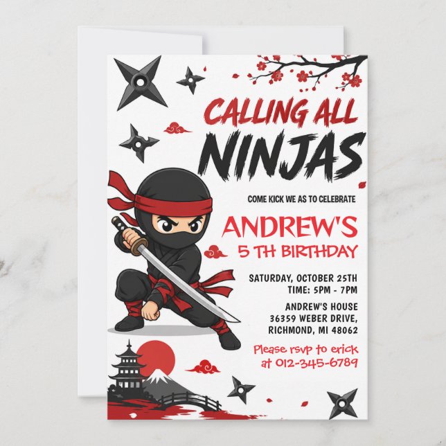 Personalised Kids Ninja Birthday Invitation (Front)