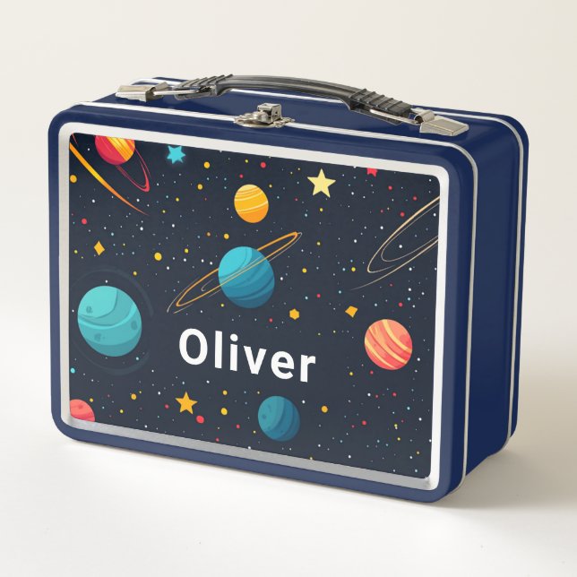 Personalised Kids Outer Space Planets  Metal Lunch Box (Front)
