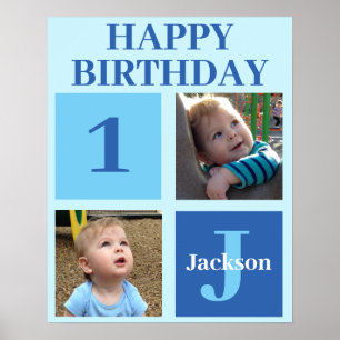 Personalised Kids Photo Cute Blue Birthday Party Poster