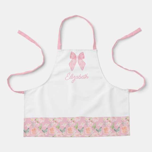 Personalised Kids Pink Bow Floral School Apron (Front)