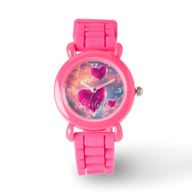 Personalised Kids Pink Strap with Pink Hearts Watch (Front)