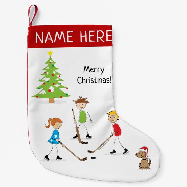 Personalised Kids Playing Pond Hockey Small Christmas Stocking (Front)