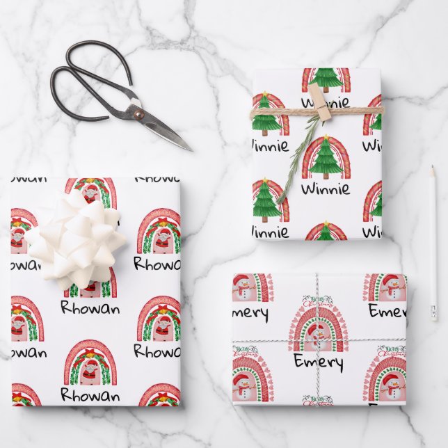 Personalised Kids Rainbow Christmas  Wrapping Paper Sheet (Front)