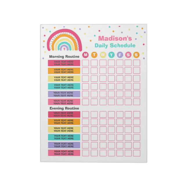 Our Daily Routine Rainbow Personalised Kids Rainbow Daily Schedule Routine Notepad | Zazzle