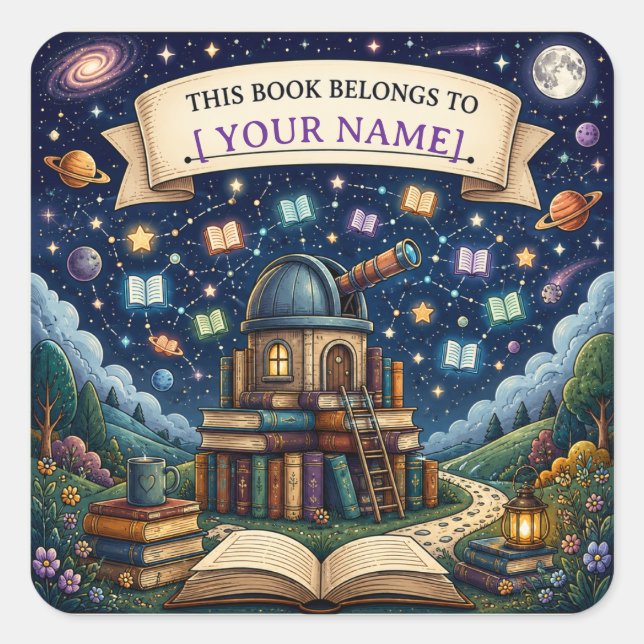 Personalised Kids Reading Adventure Bookplate Square Sticker (Front)