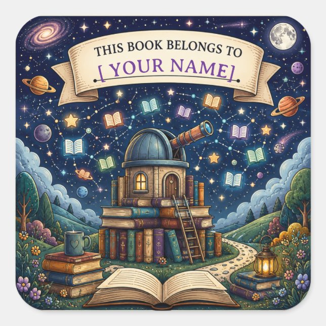Personalised Kids Reading Adventure Bookplate Square Sticker (Front)
