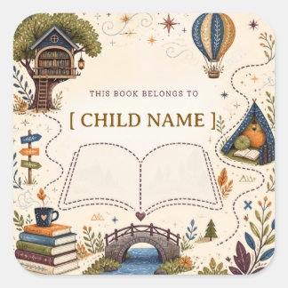 Personalised Kids Reading Bookplate Square Sticker