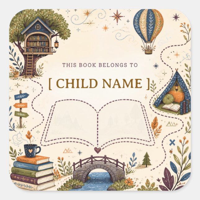 Personalised Kids Reading Bookplate Square Sticker (Front)