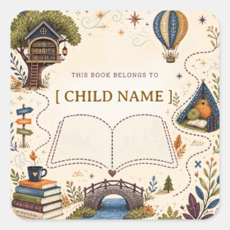 Personalised Kids Reading Bookplate Square Sticker
