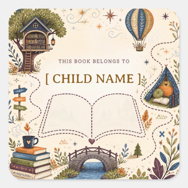 Personalised Kids Reading Bookplate Square Sticker (Front)