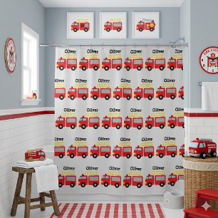 Personalised Kids Red Fire Truck  Shower Curtain