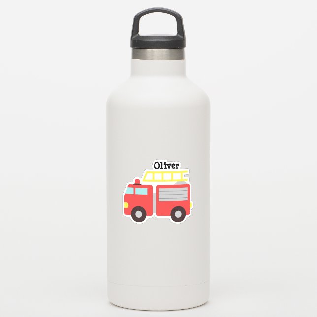 Personalised Kids Red Fire Truck Stickers (Waterbottle)