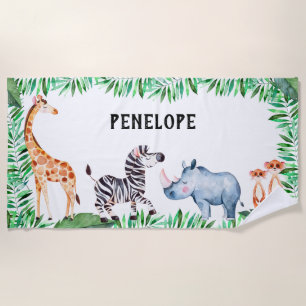 Personalised Kids Safari Animal Watercolor Cute Beach Towel