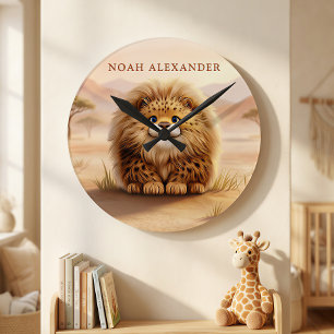 Personalised Kids Safari Cute Fluffy Leopard Round Clock