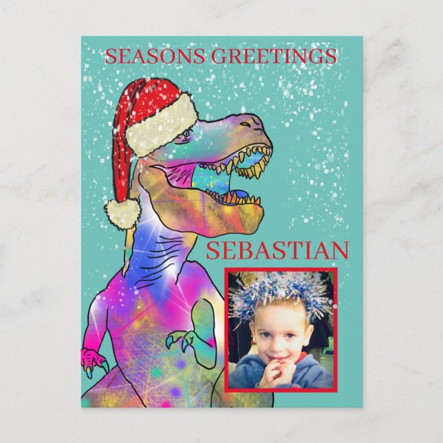 Personalised Kids Santa dinosaur photo Holiday Postcard (Front)