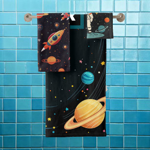 Personalised Kids Space Rocket Ship Planets  Bath Towel Set