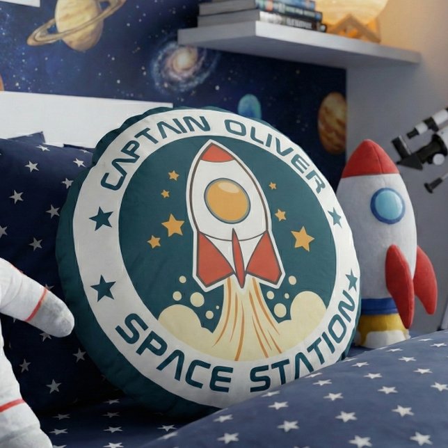 Personalised Kids Space Ship Round Cushion (Blast Off to Dreamland! Add a touch of cosmic charm to your little astronaut’s room.)
