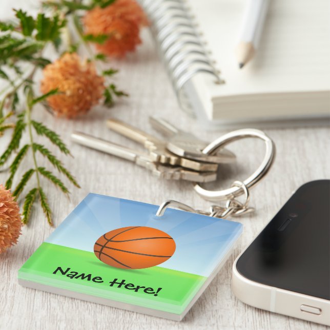 Personalised Kid's Sports Basketball Sunny Day Key Ring (Front Right)